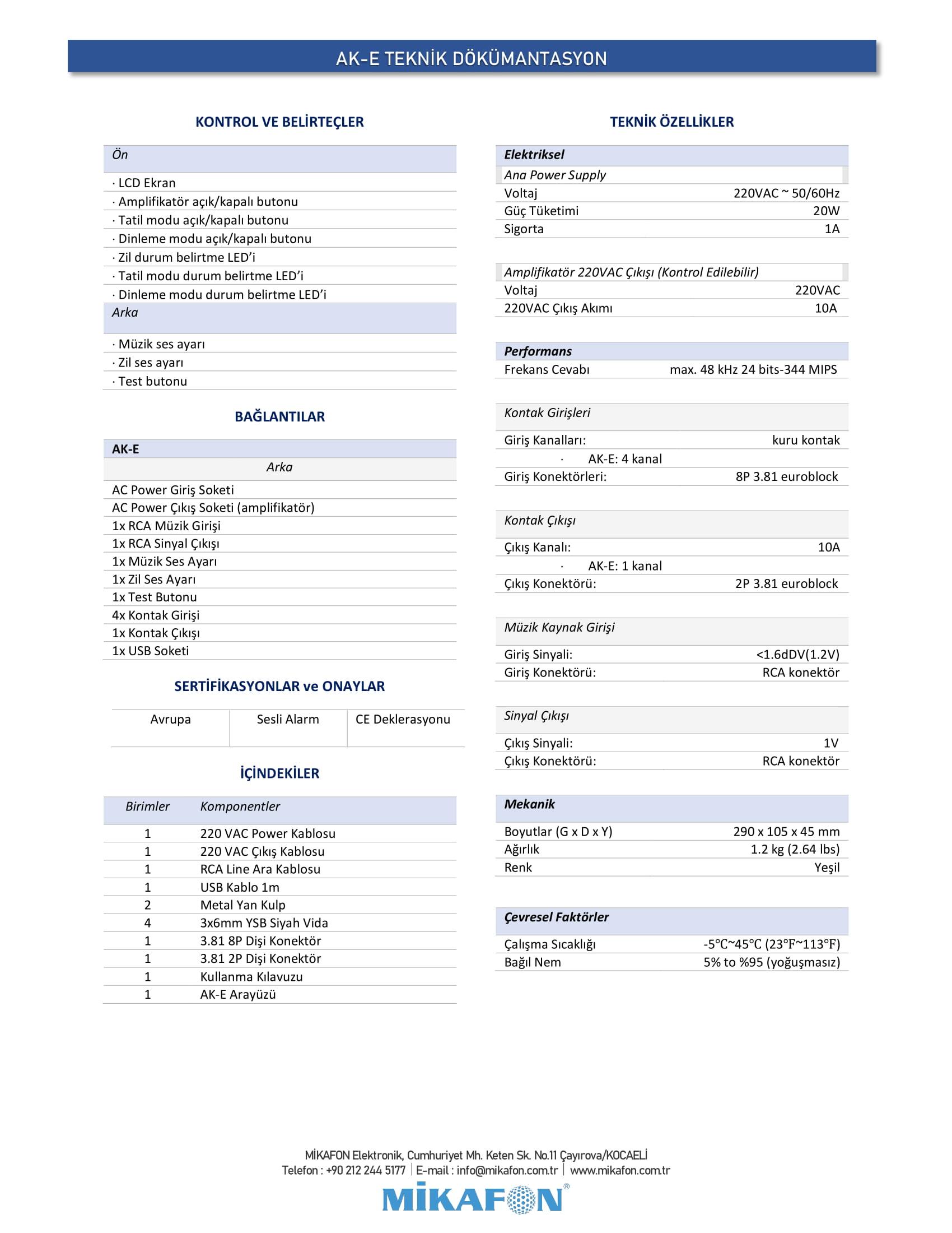 AK-E tech specs AK-E Teknik Dökümantasyon